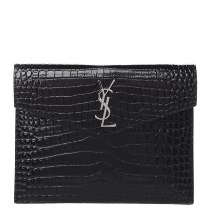 Saint Laurent Calfskin Crocodile Embossed Monogram Uptown Baby Pouch Black 1 of 8