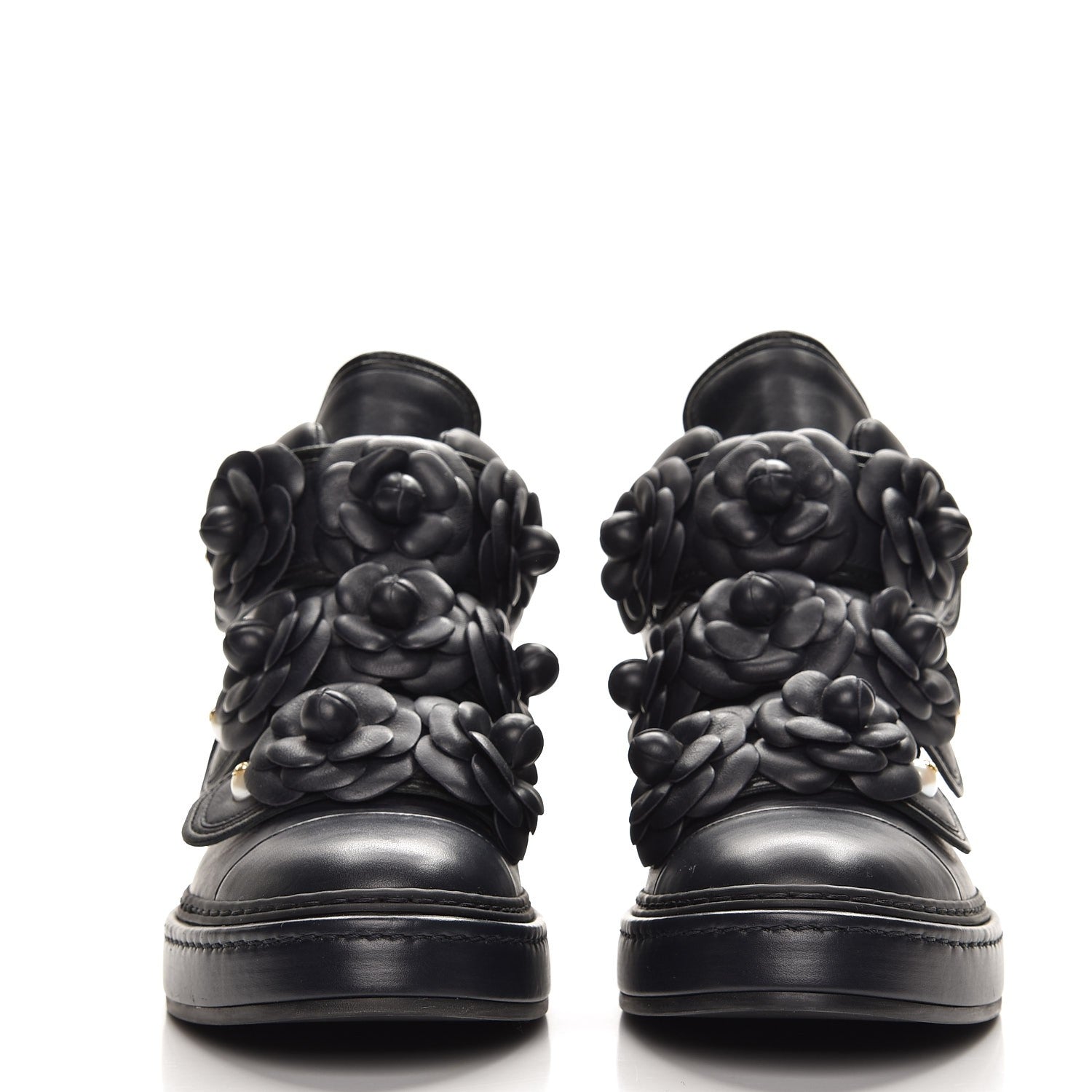 Chanel Calfskin Camellia High Top Sneakers 37.5 Navy 2 of 7