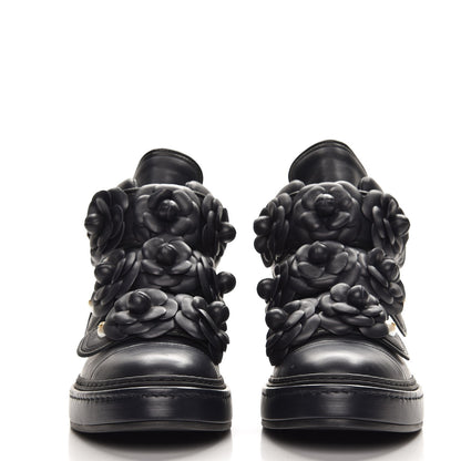 Chanel Calfskin Camellia High Top Sneakers 37.5 Navy 2 of 7