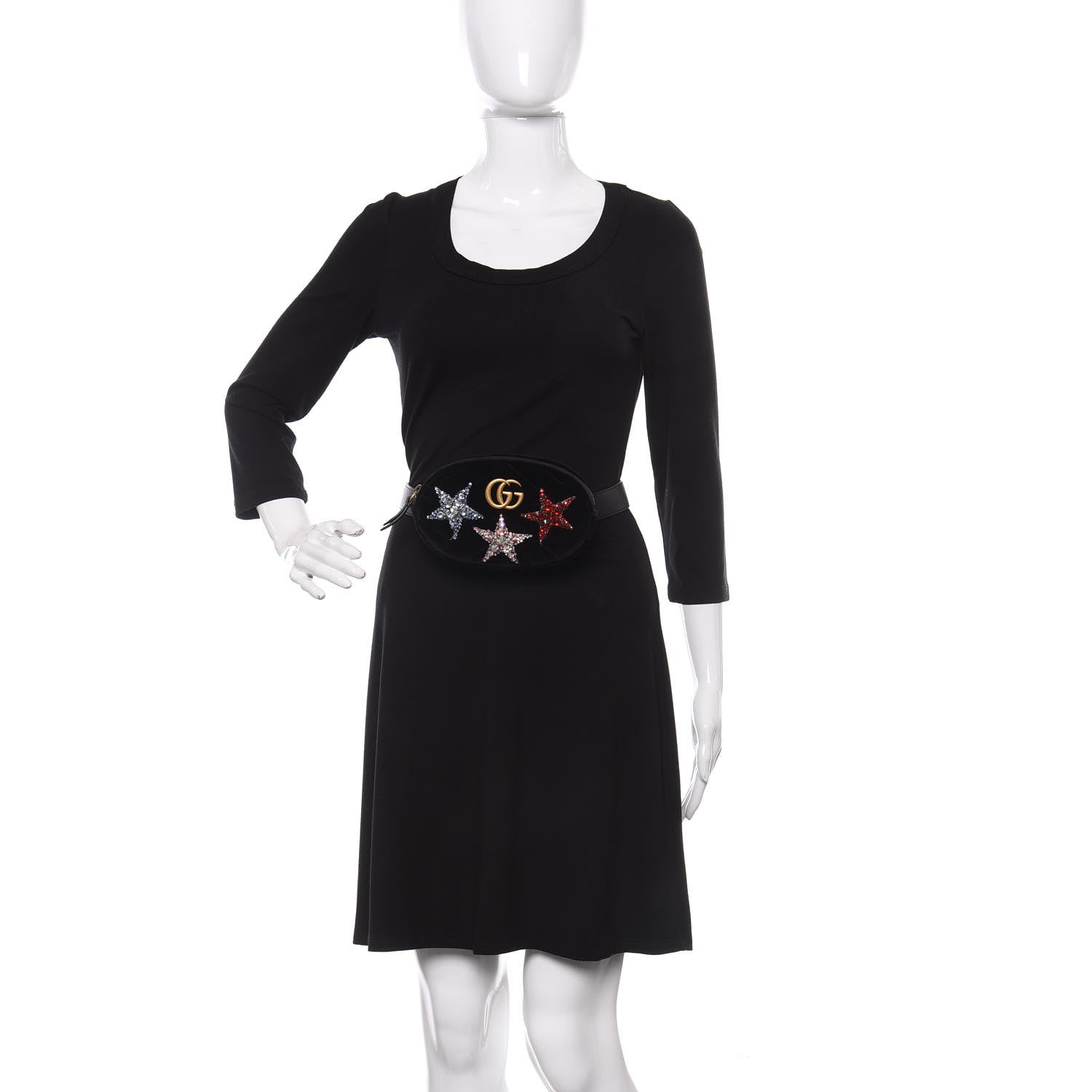 Gucci Velvet Matelasse Crystal Star GG Marmont Belt Bag 85 34 Black 2 of 10