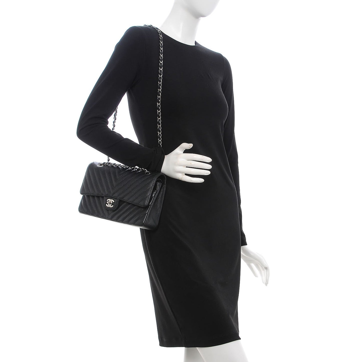 Caviar Chevron Quilted Medium Double Flap Black