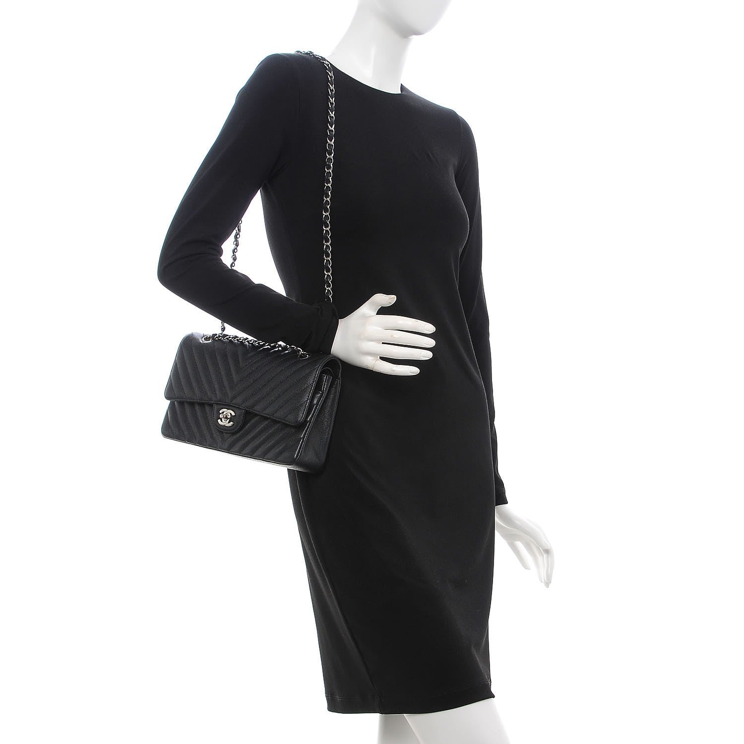 Chanel Caviar Chevron Quilted Medium Double Flap Black 2 of 8