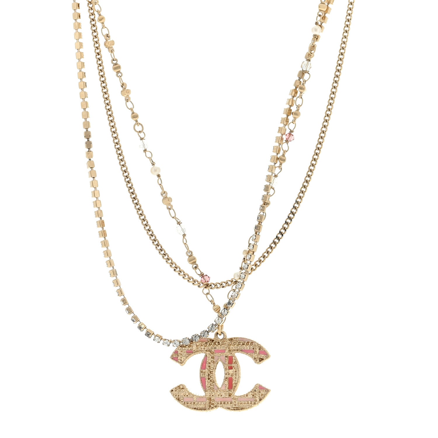 Chanel Crystal Pearl Tweed Effect Multi Strand CC Short Necklace Gold Pink 1 of 4