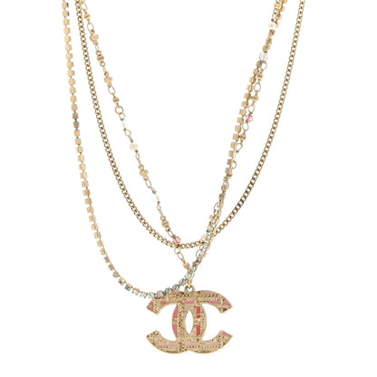 Chanel Crystal Pearl Tweed Effect Multi Strand CC Short Necklace Gold Pink 1 of 4