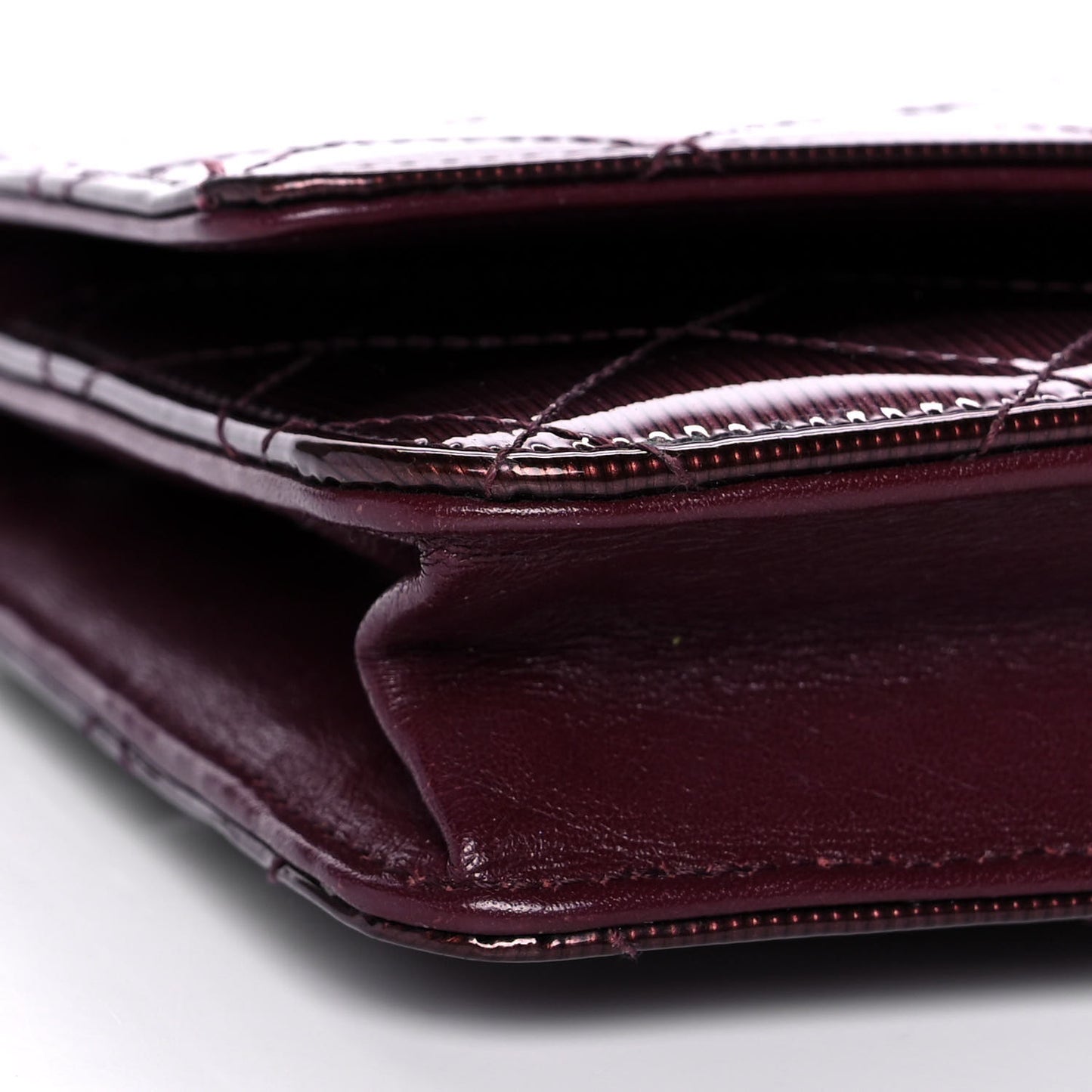 Striated Patent Quilted Wallet on Chain WOC Bordeaux