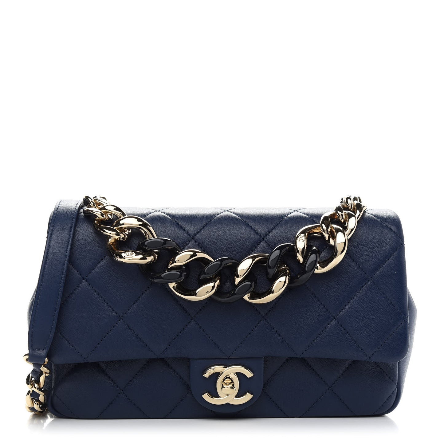 Lambskin Quilted Resin Bi-Color Chain Flap Bag Navy