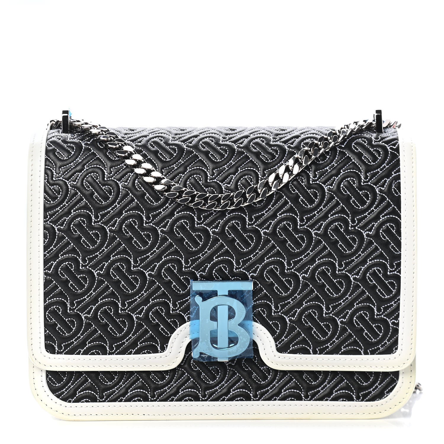 Burberry Calfskin Monogram Embossed Medium TB Chain Bag Black White 1 of 9