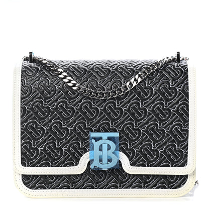 Burberry Calfskin Monogram Embossed Medium TB Chain Bag Black White 1 of 9
