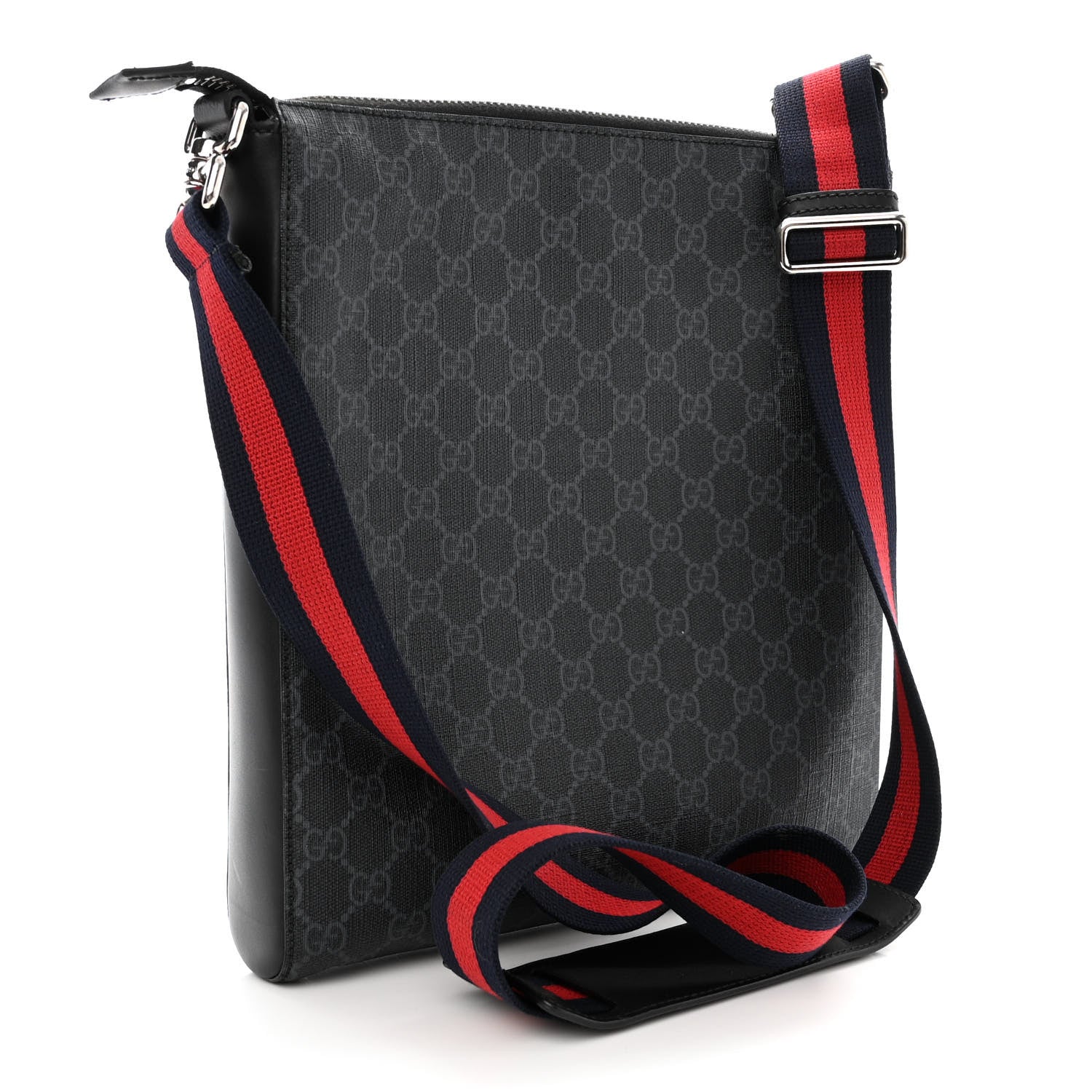 Gucci GG Supreme Monogram Appia Calfskin Web Flat Messenger Bag Black Grey 3 of 11