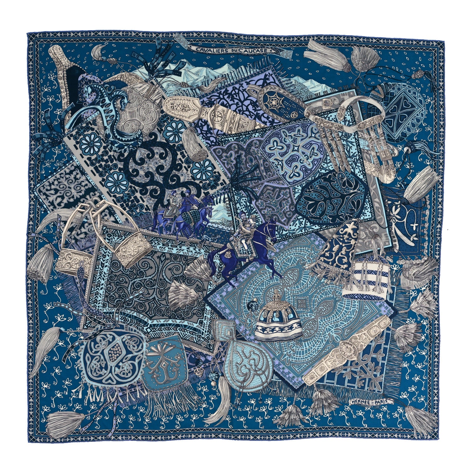 Hermes Cashmere Silk Cavaliers du Caucase Shawl 140 Bleu Gris Parme 1 of 6