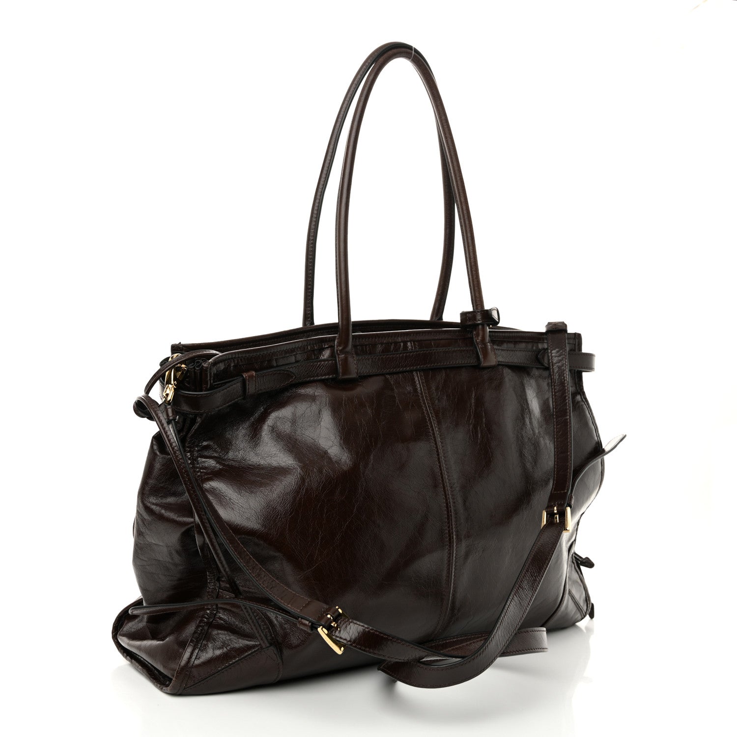 Prada Glossy Calfskin Triangle Extra Large Bonnie Shoulder Bag Dark Brown 3 of 10