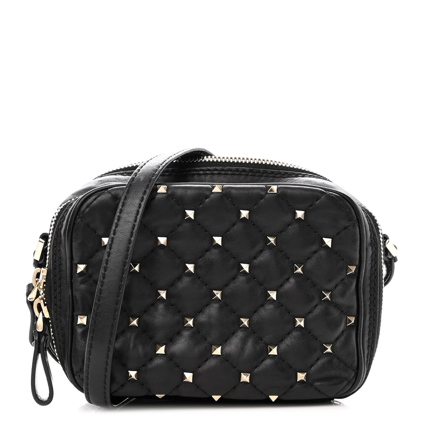 Nappa Rockstud Spike Double Zip Camera Crossbody Bag Black