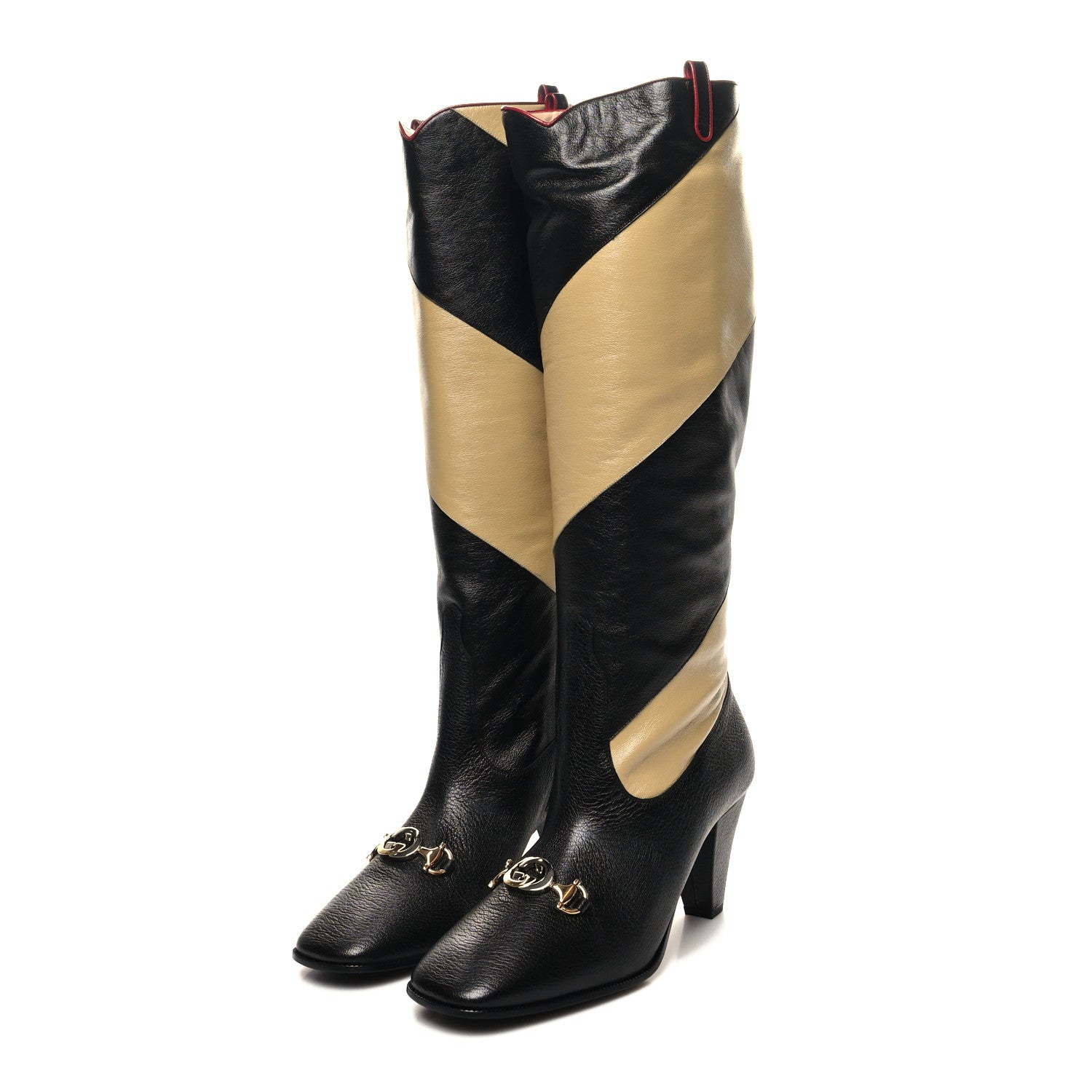 Gucci Calfskin Wrinkled Kid Diagonal Striped Zumi Knee Boots 41 Black Beige Romantic Cherry 3 of 10