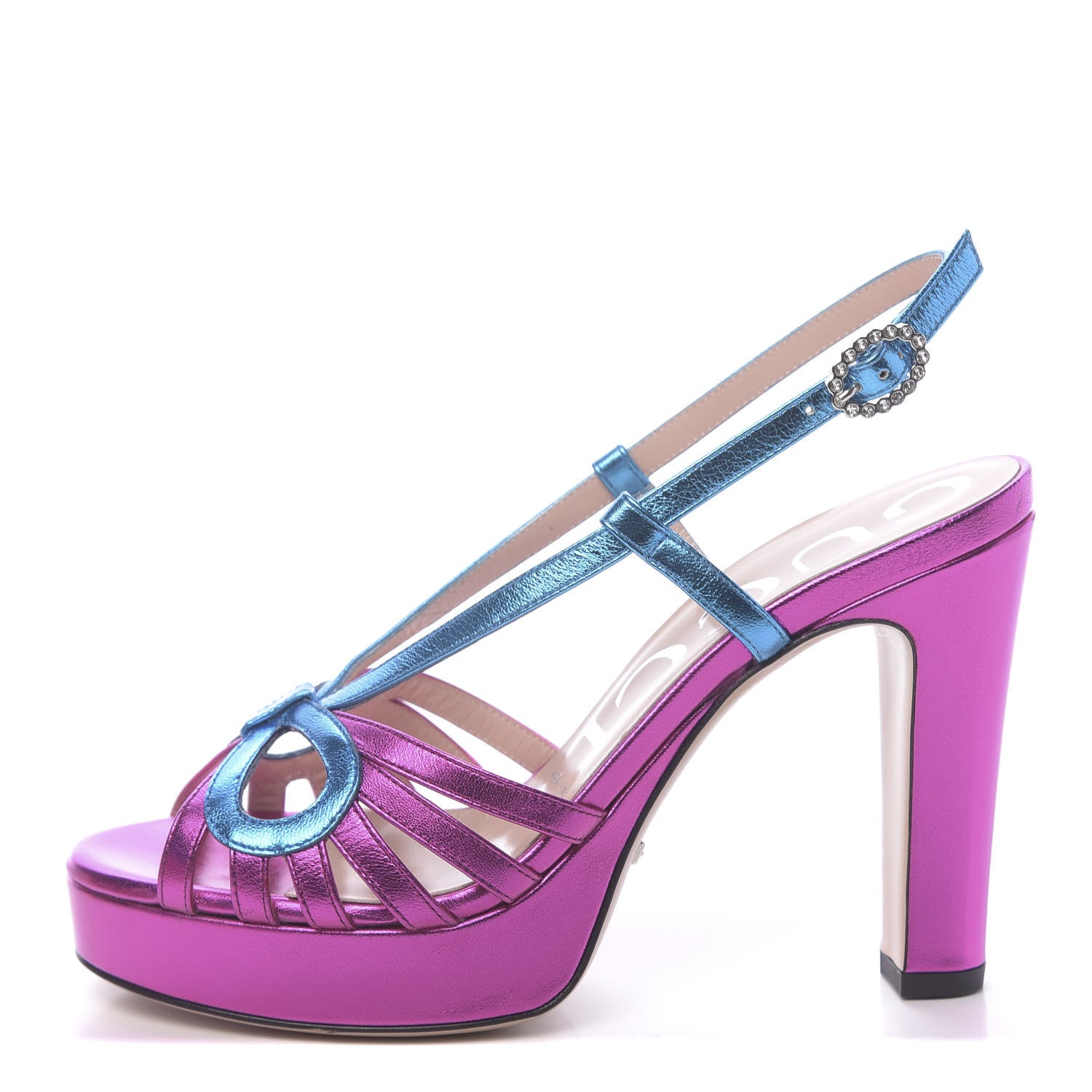 Gucci Metallic Nappa Crystal Zephyra Slingback Platform High Heel Sandals 36.5 Fuchsia Dark Turquoise 1 of 8