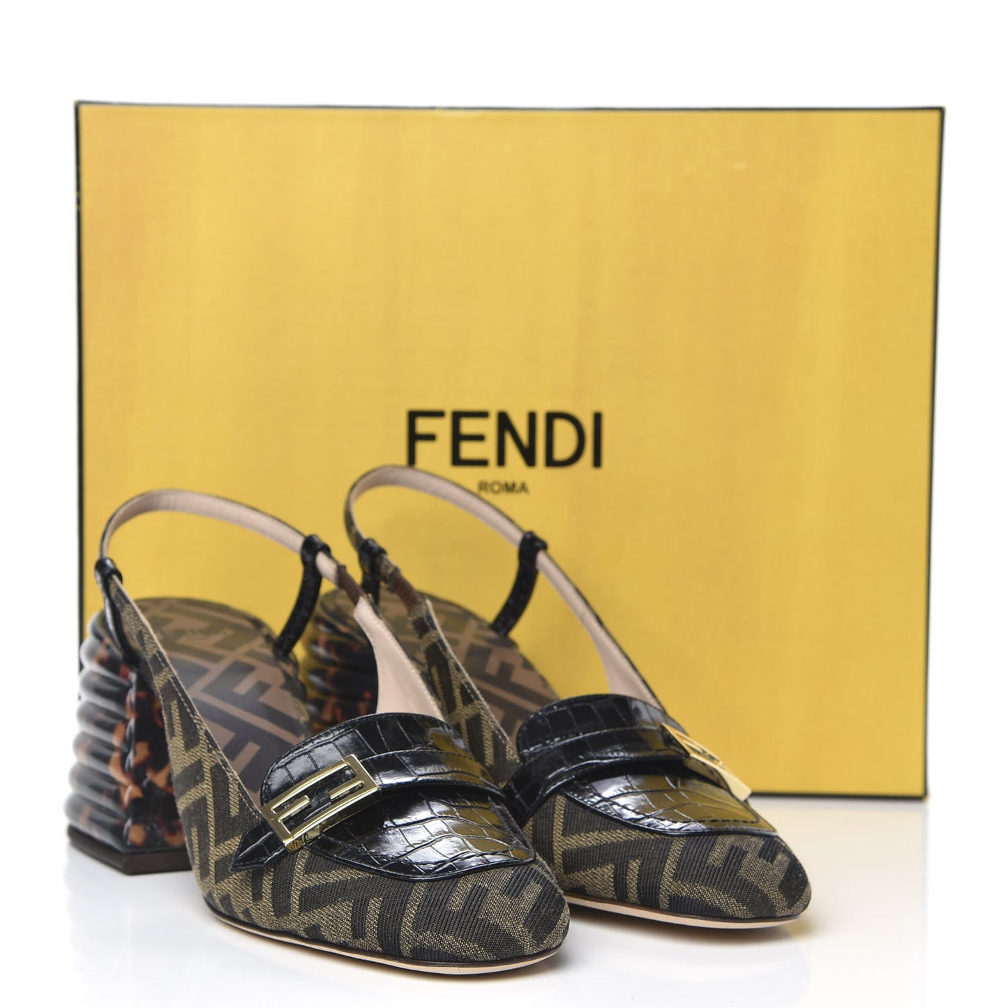 Jacquard Calfskin FF Tortoise Promenade Slingback Loafer Pumps 38.5 Tobacco