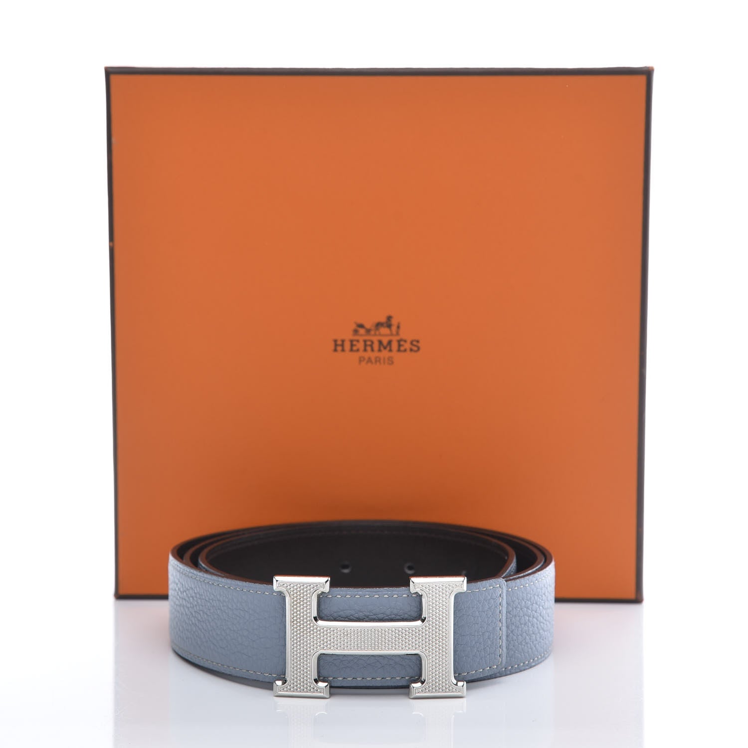 Hermes Box Togo 32mm Guilloche H Belt 100 Bleu Lin Chocolate 8 of 8