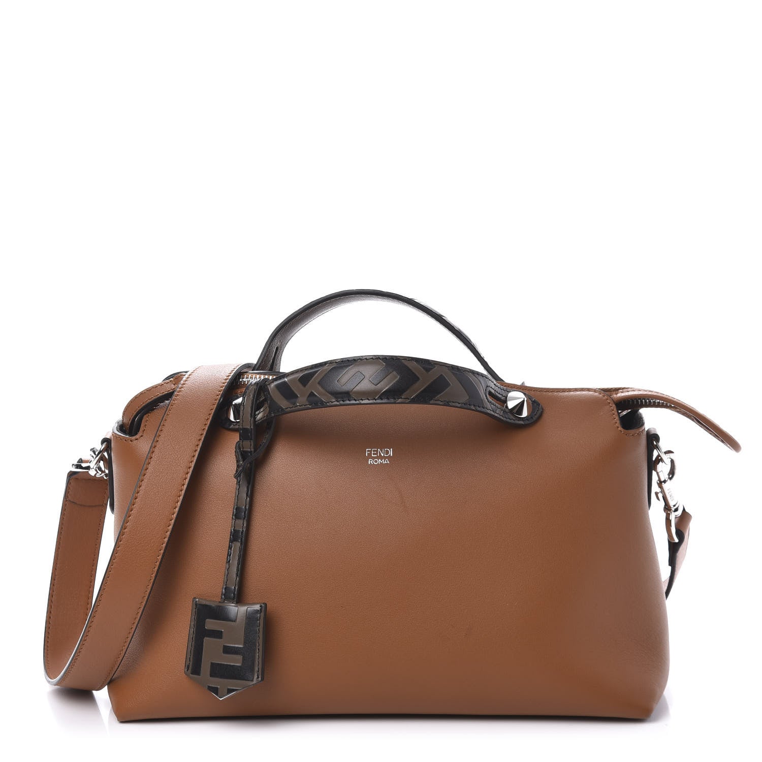 Fendi Vitello Dolce Bi-Color FF 1974 Embossed Medium By The Way Boston Bag Brandy Maya Black 1 of 9