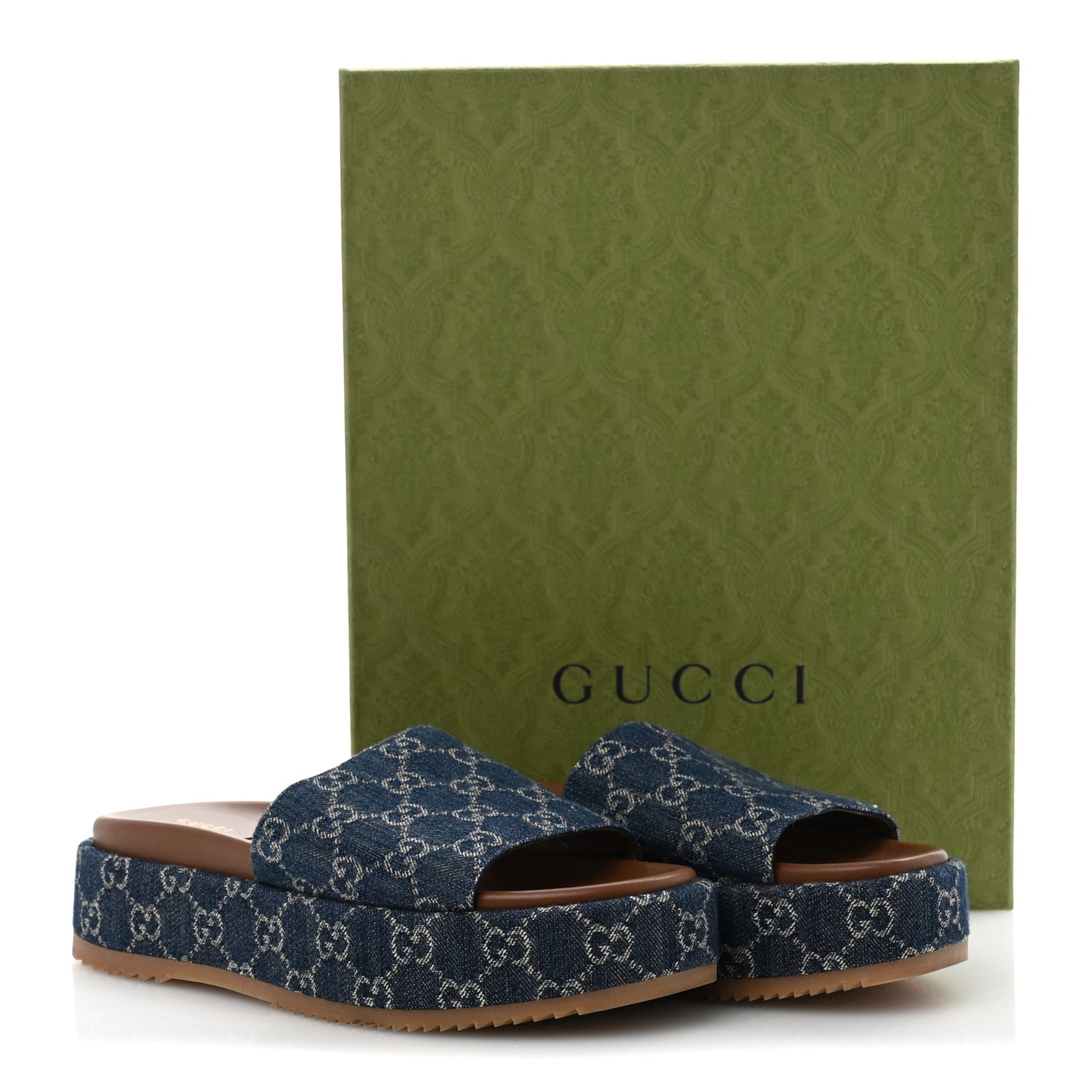 New Denim GG Monogram Angelina Platform 55mm Slide Sandals 41 Blue Tea