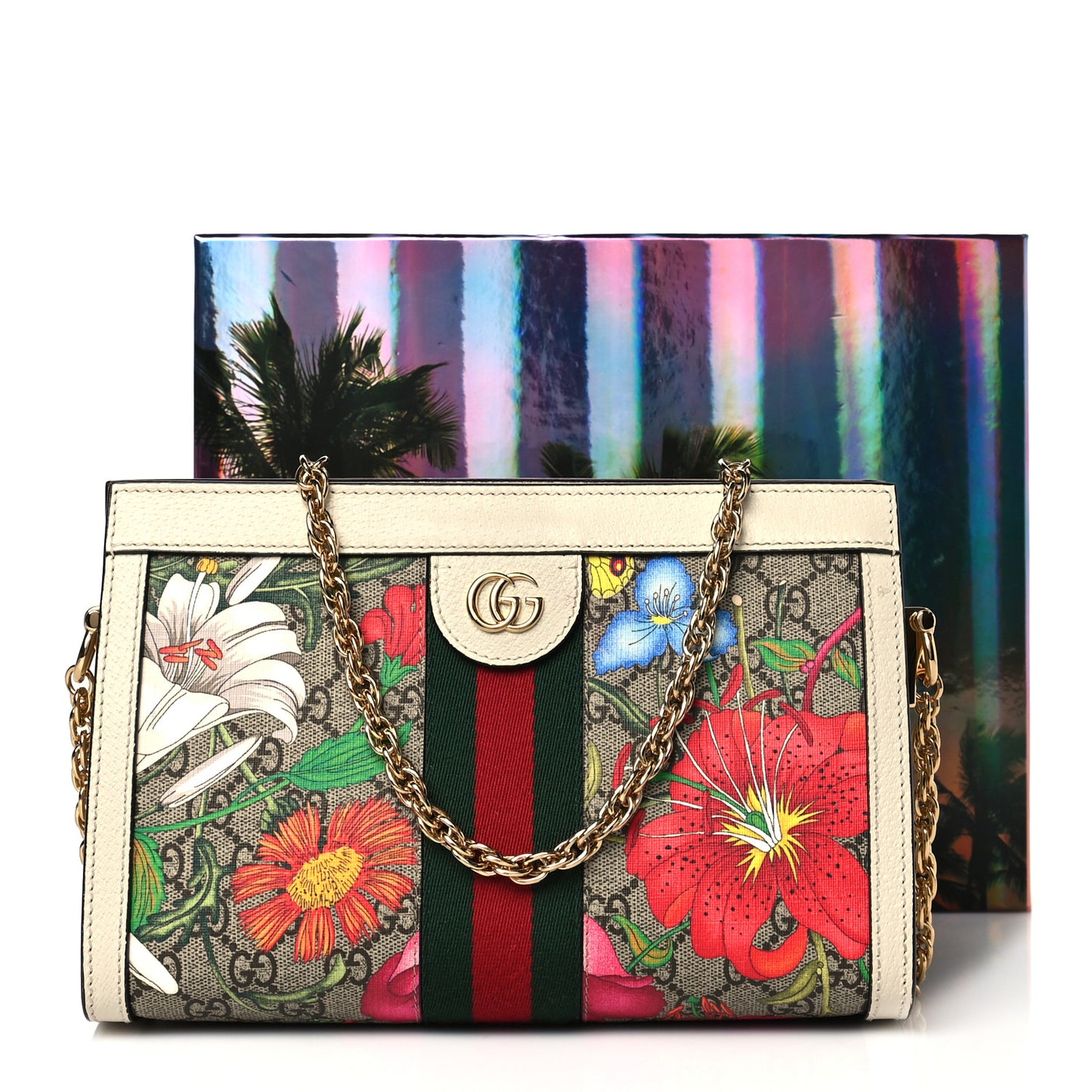 GG Supreme Monogram Flora Web Small Ophidia Chain Shoulder Bag White