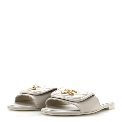 Chanel Lambskin Quilted Turnlock Flat Mules 38.5 Light Gray 4 of 10