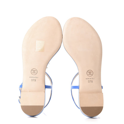 Chanel Shiny Kidskin CC Logo Thong Sandals 37.5 Blue 6 of 10