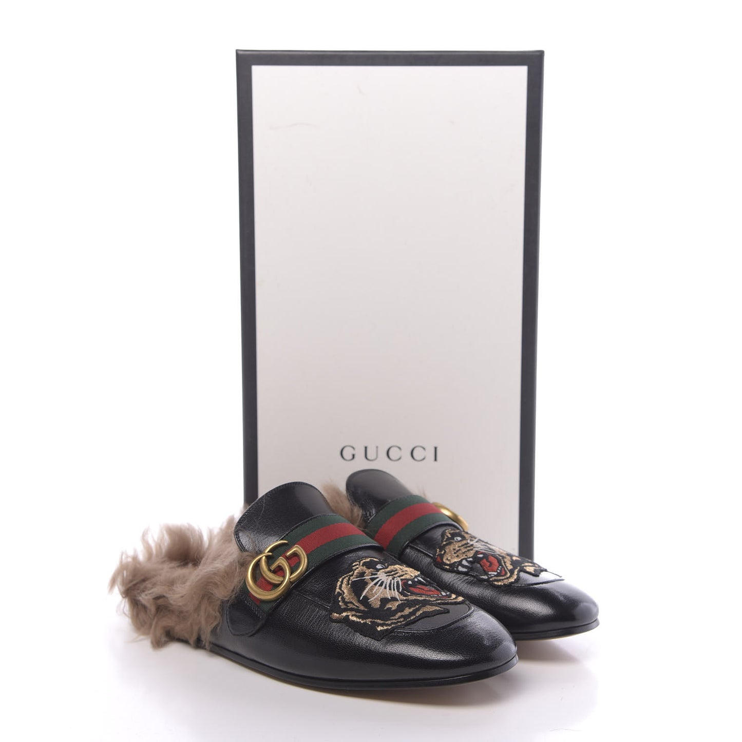 Goatskin Fur Web GG Tiger Embroidered Mens Princetown Slippers 8 Black