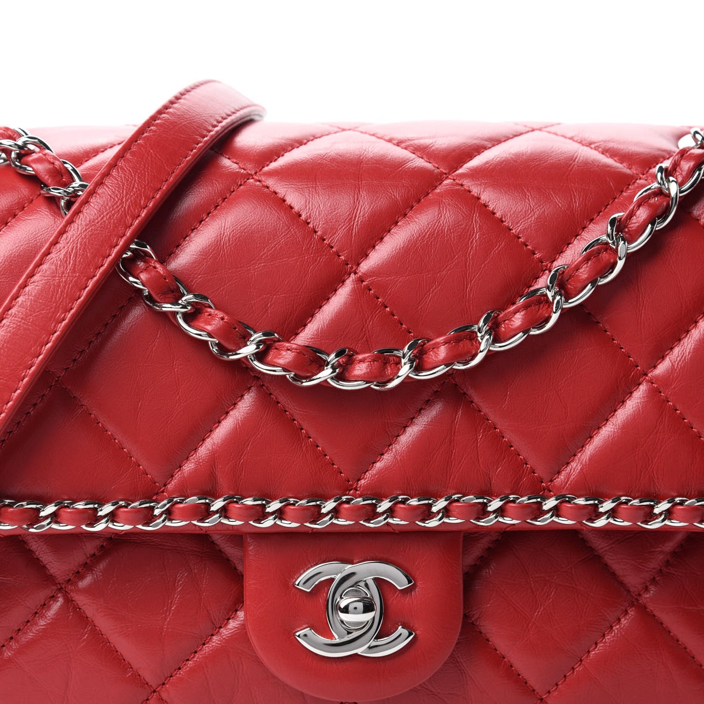 Crumpled Calfskin Medium Chain All Over Flap Red