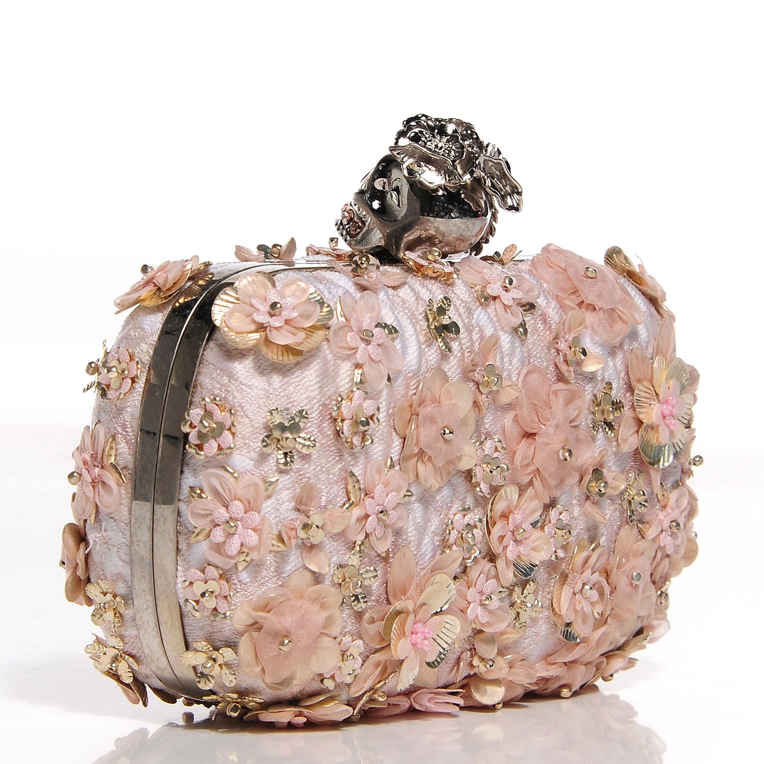 Alexander McQueen Flower Appliqued Silk Brocade Skull Box Clutch Pink 3 of 8