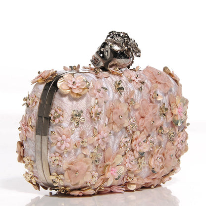 Alexander McQueen Flower Appliqued Silk Brocade Skull Box Clutch Pink 3 of 8