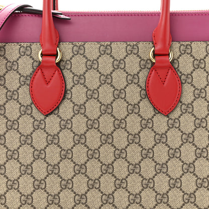 Gucci GG Supreme Monogram Moon Calfskin Small Zip Top Tote Beige Ebony Hibiscus Red New Rosette 8 of 14