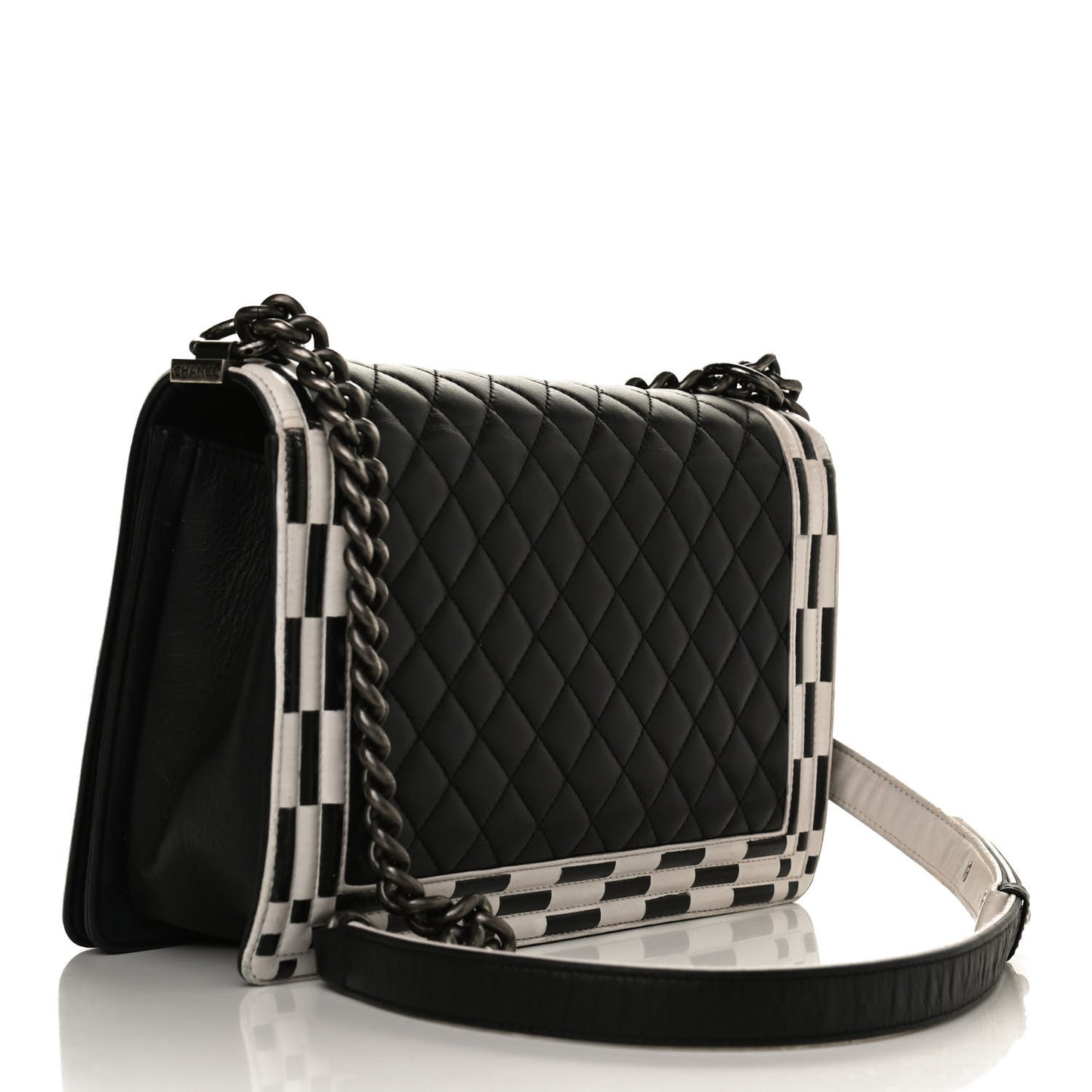 Calfskin Quilted Checkerboard Trim New Medium Boy Flap Black White