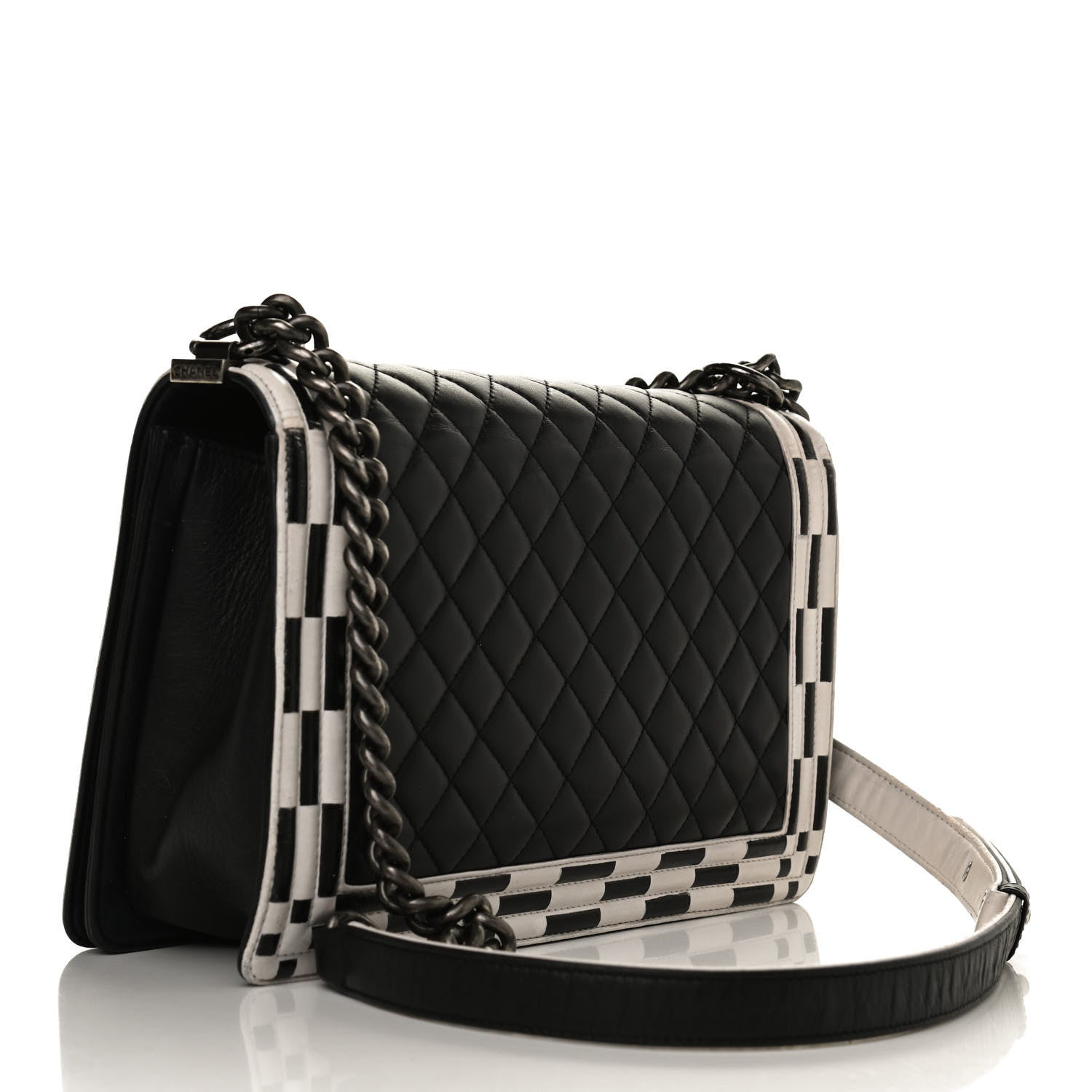 Chanel Calfskin Quilted Checkerboard Trim New Medium Boy Flap Black White 3 of 14