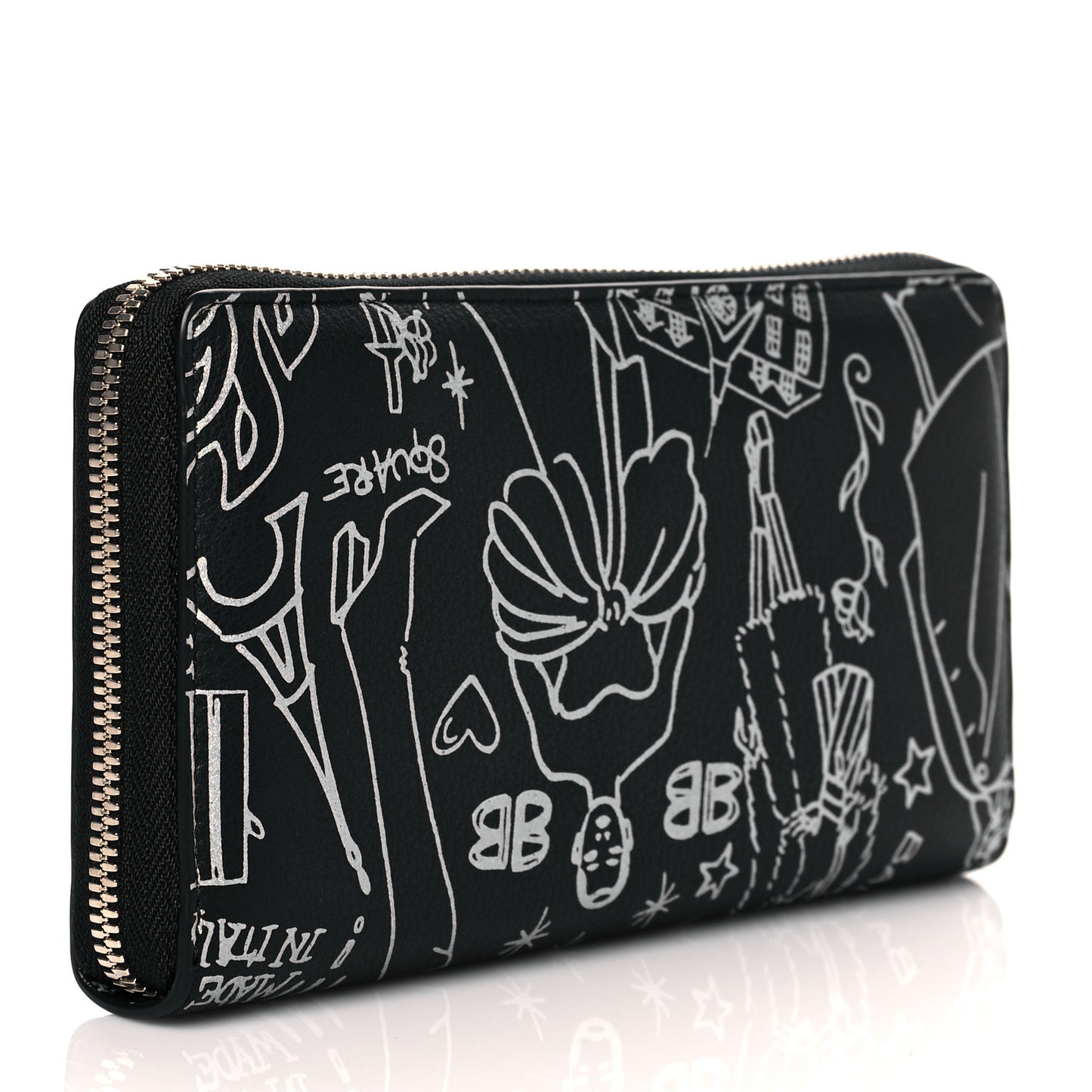 Calfskin Classic Silver Hardware Printed Tattoo Everyday Continental Zip Around Wallet Black