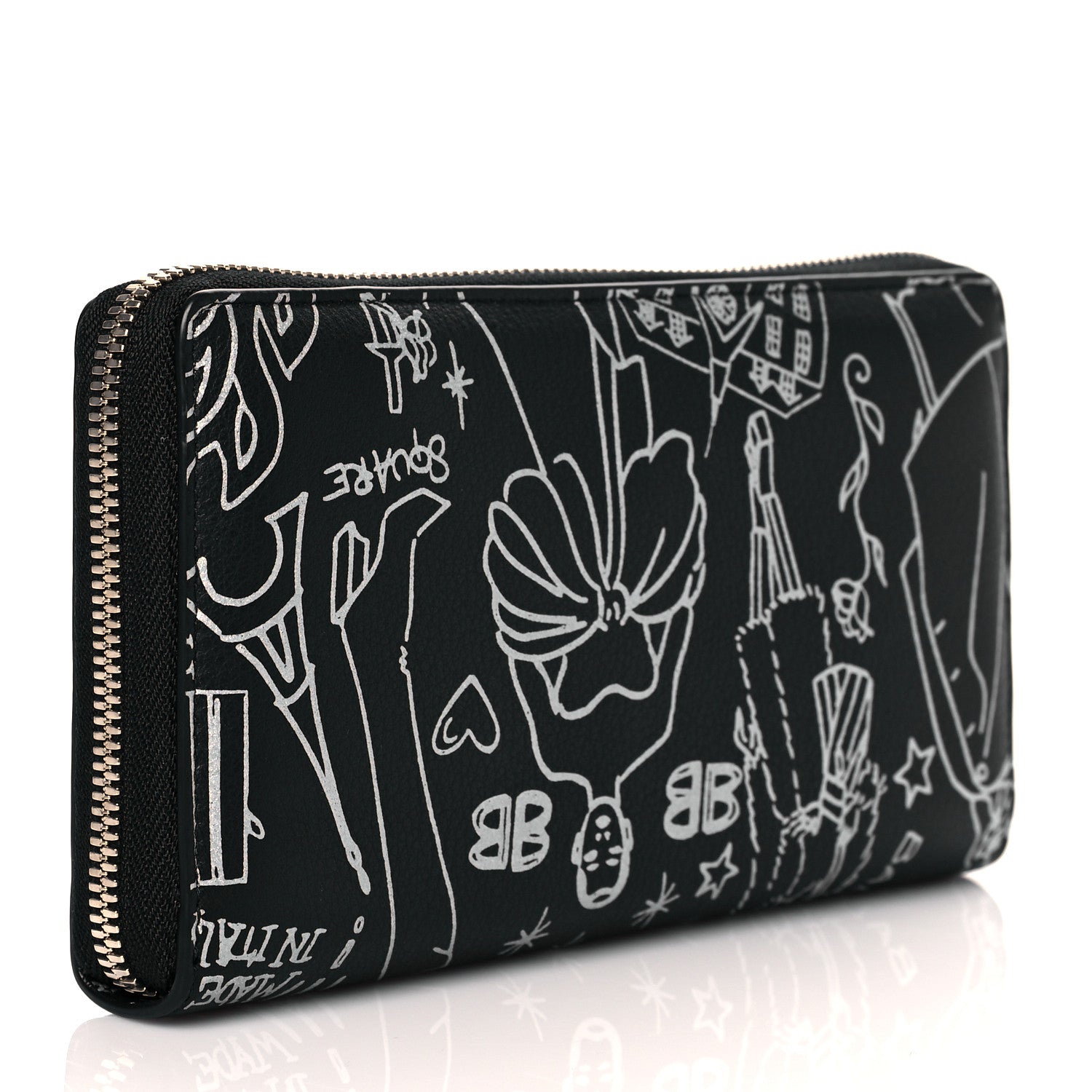 Balenciaga Calfskin Classic Silver Hardware Printed Tattoo Everyday Continental Zip Around Wallet Black 3 of 11