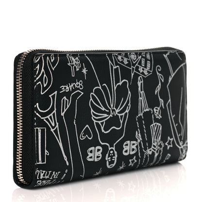 Balenciaga Calfskin Classic Silver Hardware Printed Tattoo Everyday Continental Zip Around Wallet Black 3 of 11