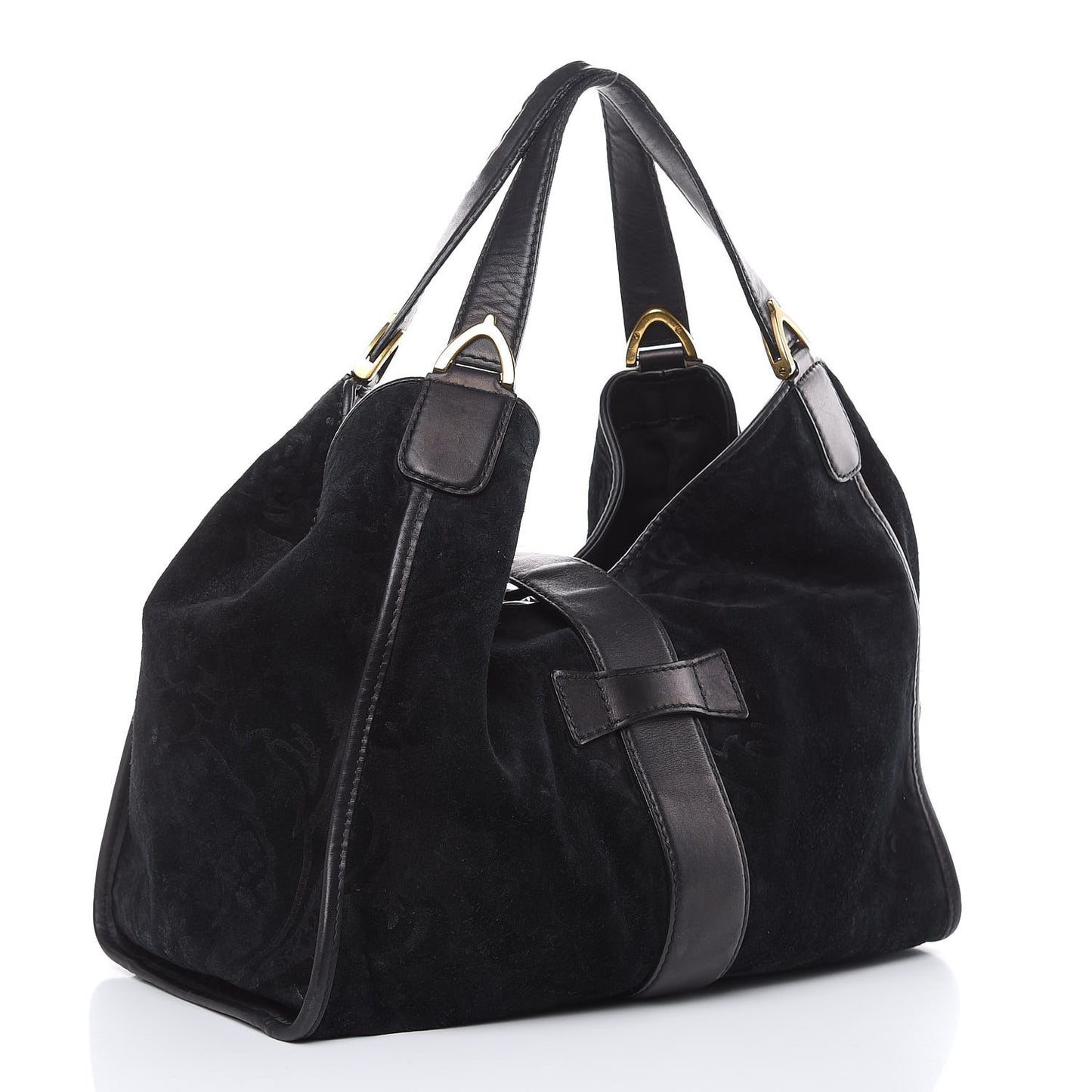 Nubuck Brocade Medium Soft Stirrup Shoulder Bag Black