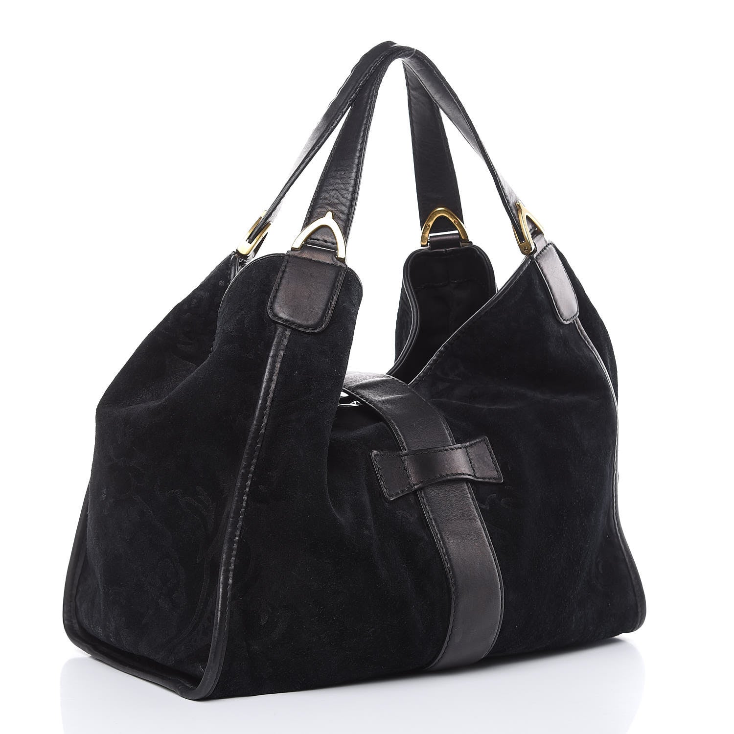 Gucci Nubuck Brocade Medium Soft Stirrup Shoulder Bag Black 3 of 18