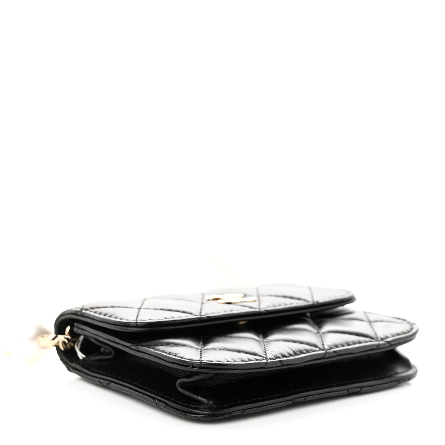 Calfskin Quilted Maxi Pearls Card Holder Flap With Chain Black