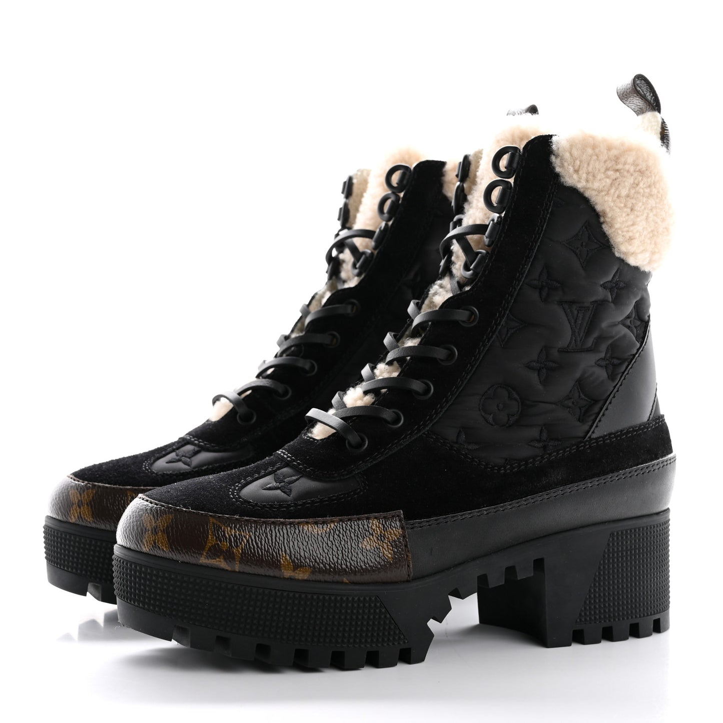 Nylon Suede Calfskin Shearling Monogram Laureate Platform Boots 38 Black