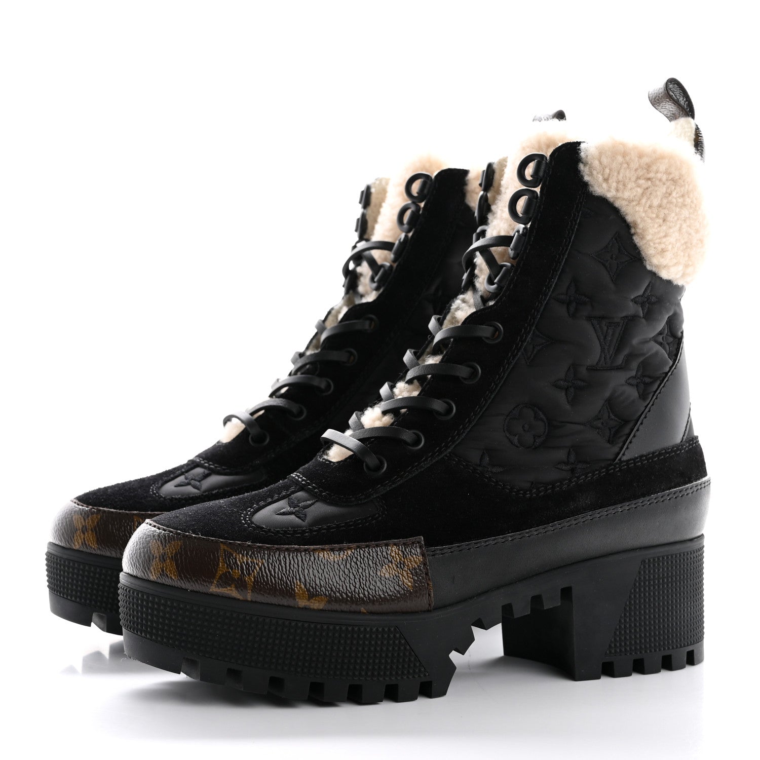 Louis Vuitton Nylon Suede Calfskin Shearling Monogram Laureate Platform Boots 38 Black 4 of 12