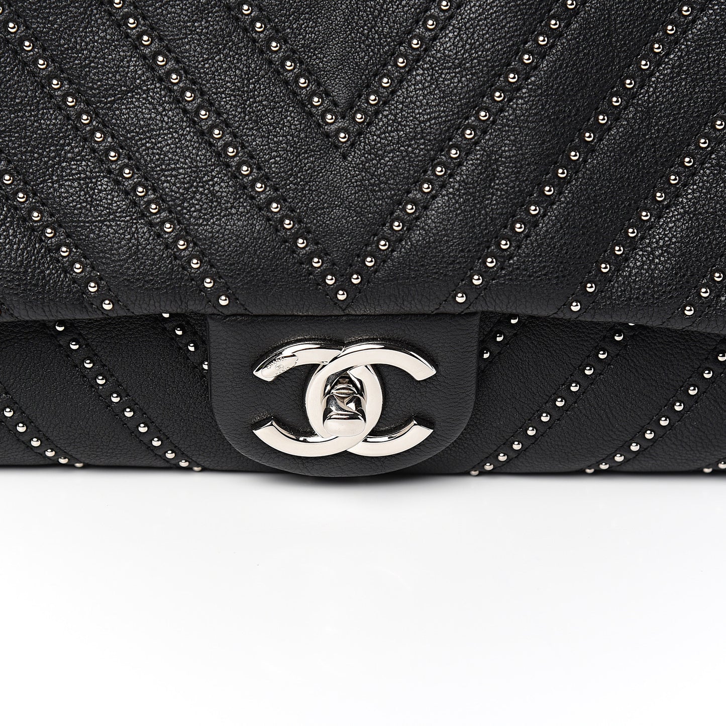 Calfskin Studded Chevron Quilted Wars Flap Black
