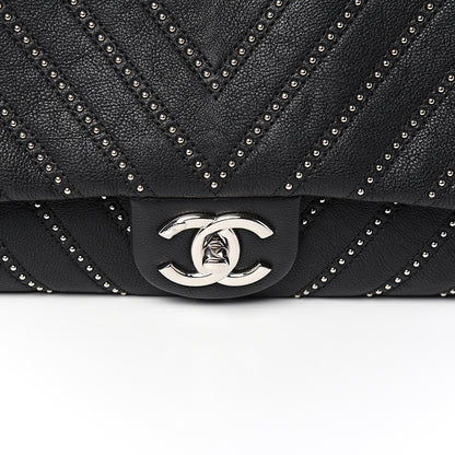 Chanel Calfskin Studded Chevron Quilted Wars Flap Black 9 of 9