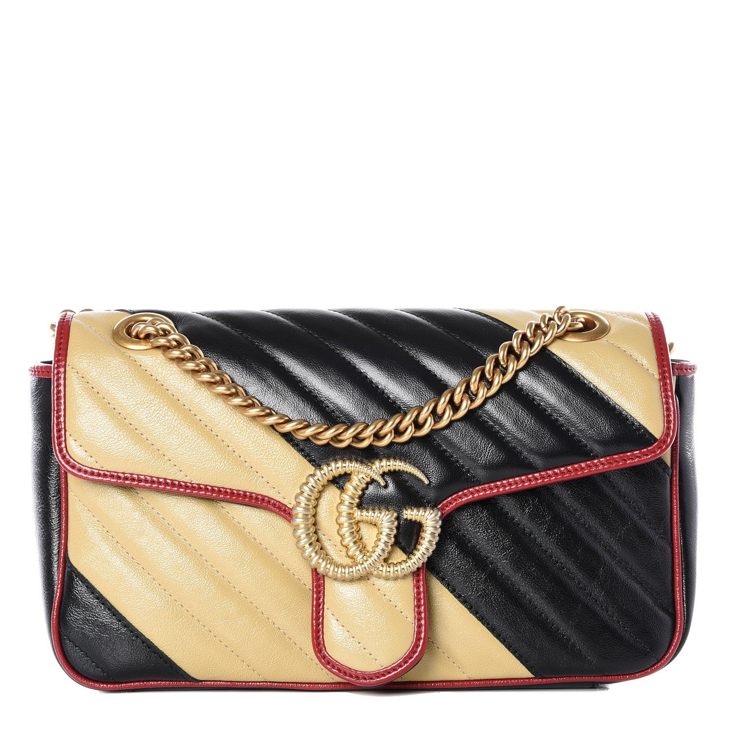 Gucci Vintage Effect Calfskin Matelasse Diagonal Striped Small Torchon GG Marmont Shoulder Bag Black Beige 1 of 10