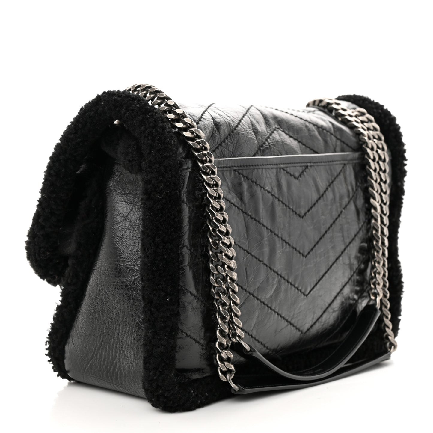 Crinkled Calfskin Shearling Monogram Medium Niki Chain Satchel Black