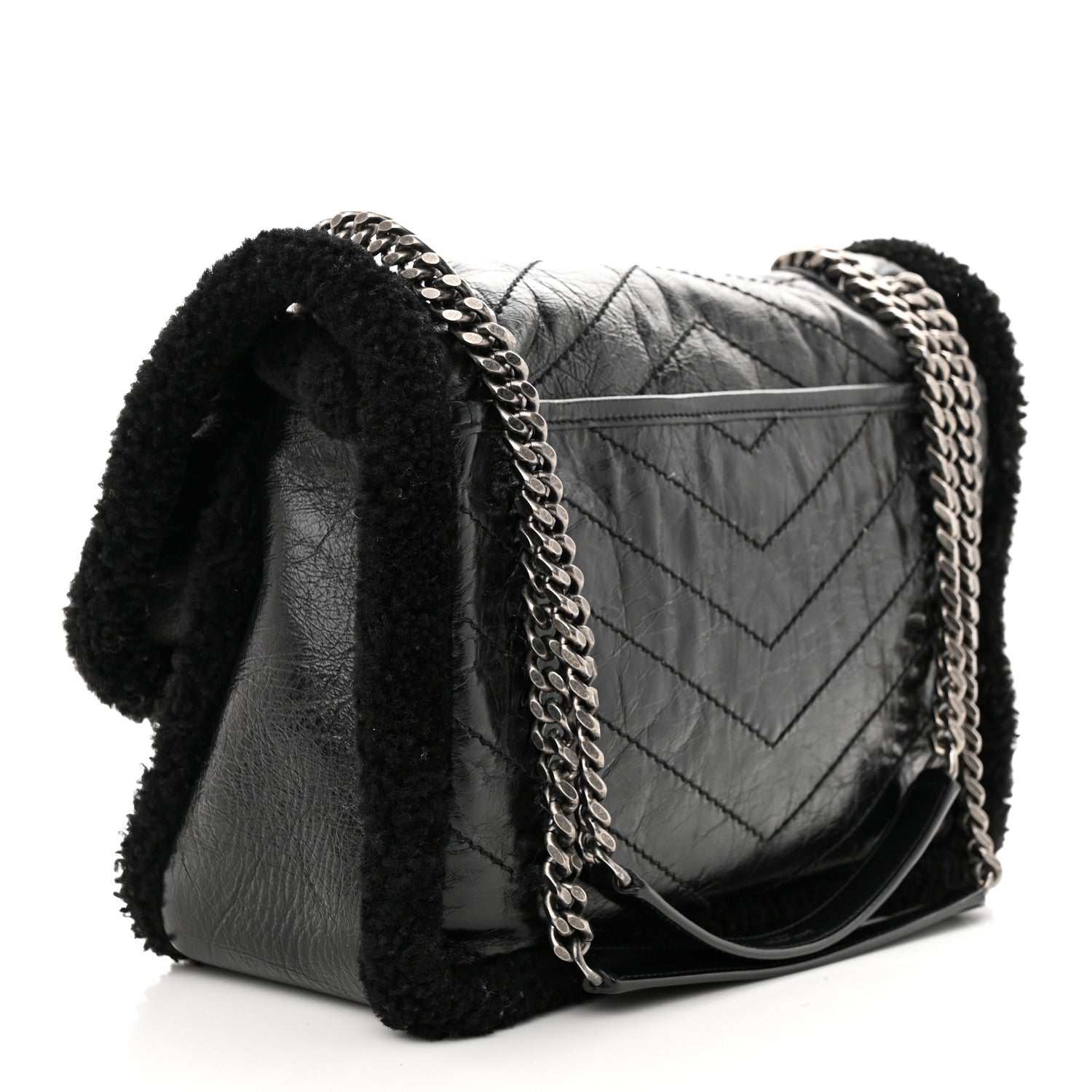 Saint Laurent Crinkled Calfskin Shearling Monogram Medium Niki Chain Satchel Black 3 of 11