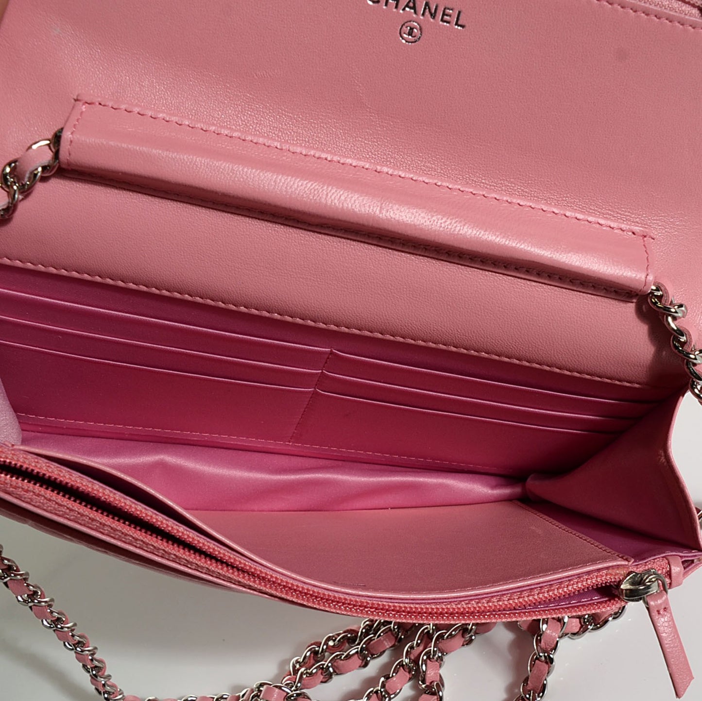 Lambskin Camellia Embossed Wallet on Chain WOC Pink