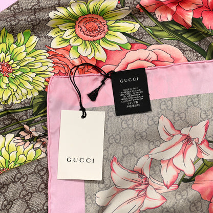 Gucci Silk Twill GG Monogram GG Bouquet Spring Square Scarf Beige Pink 3 of 4