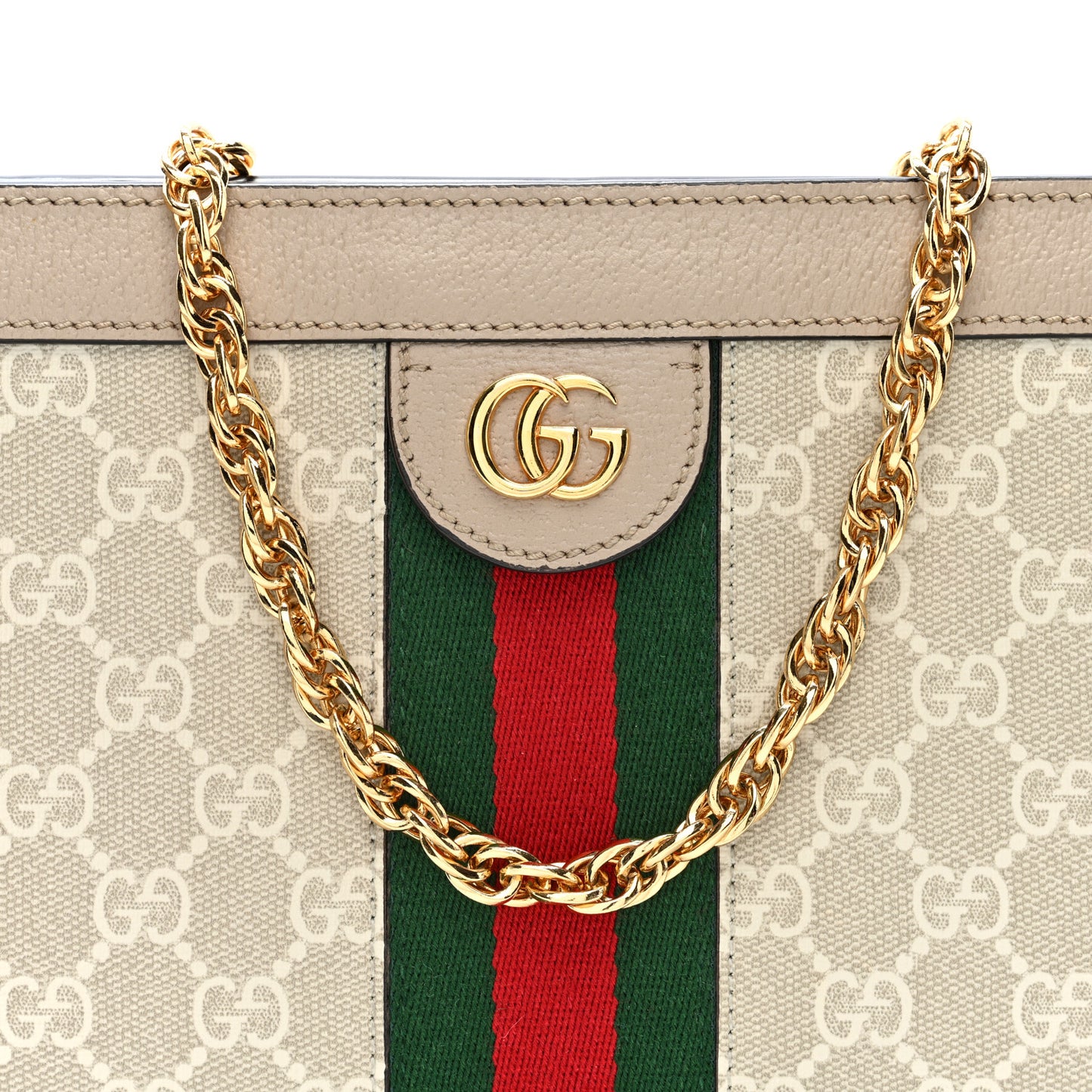 GG Supreme Monogram Textured Dollar Calfskin Web Small Ophidia Chain Shoulder Bag Beige Mystic White Oatmeal