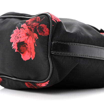 Prada Tessuto Nylon Spazzolato Rose Print Bucket Bag Black Rosso 10 of 13