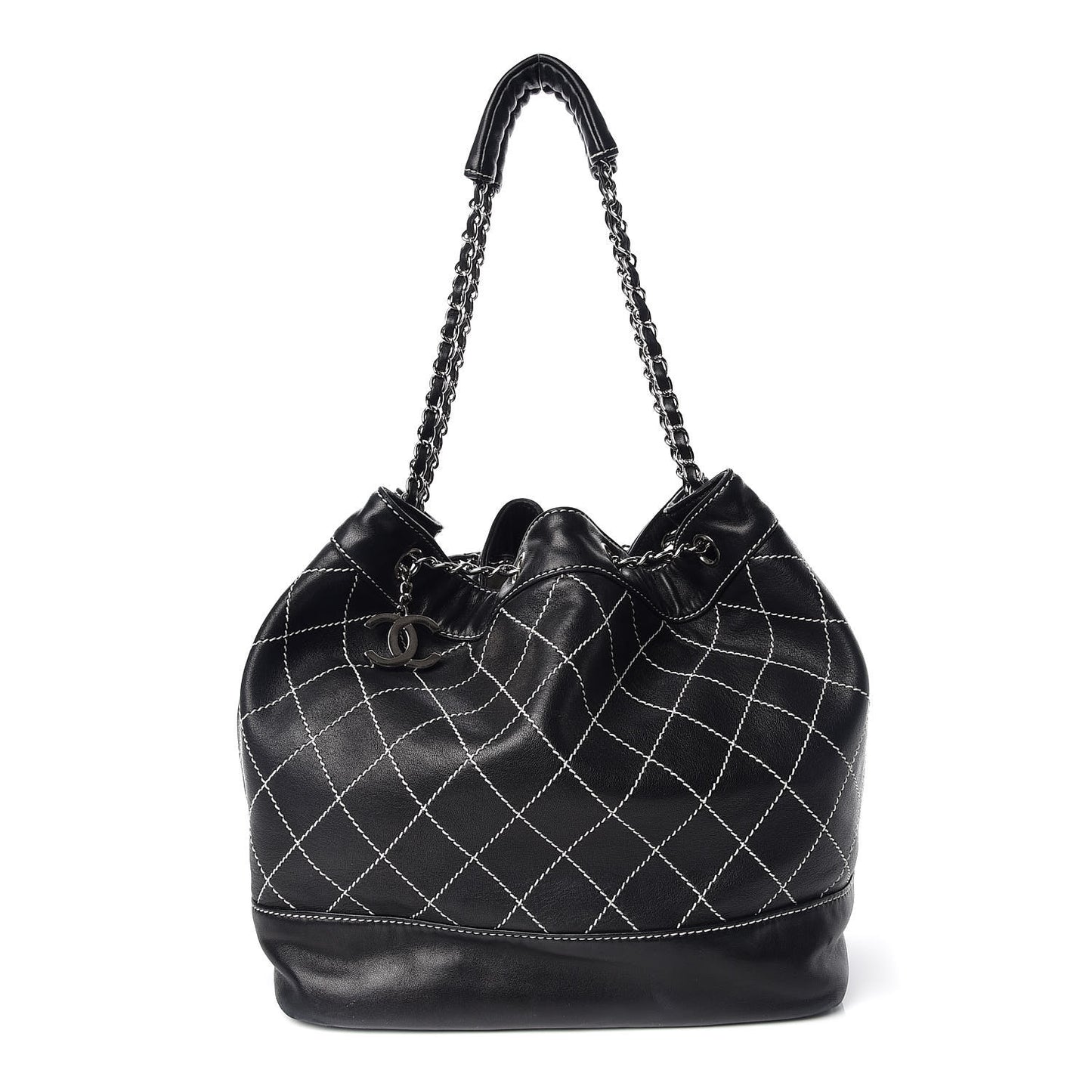 Lambskin Contrast Stitch Large Drawstring Tote Black